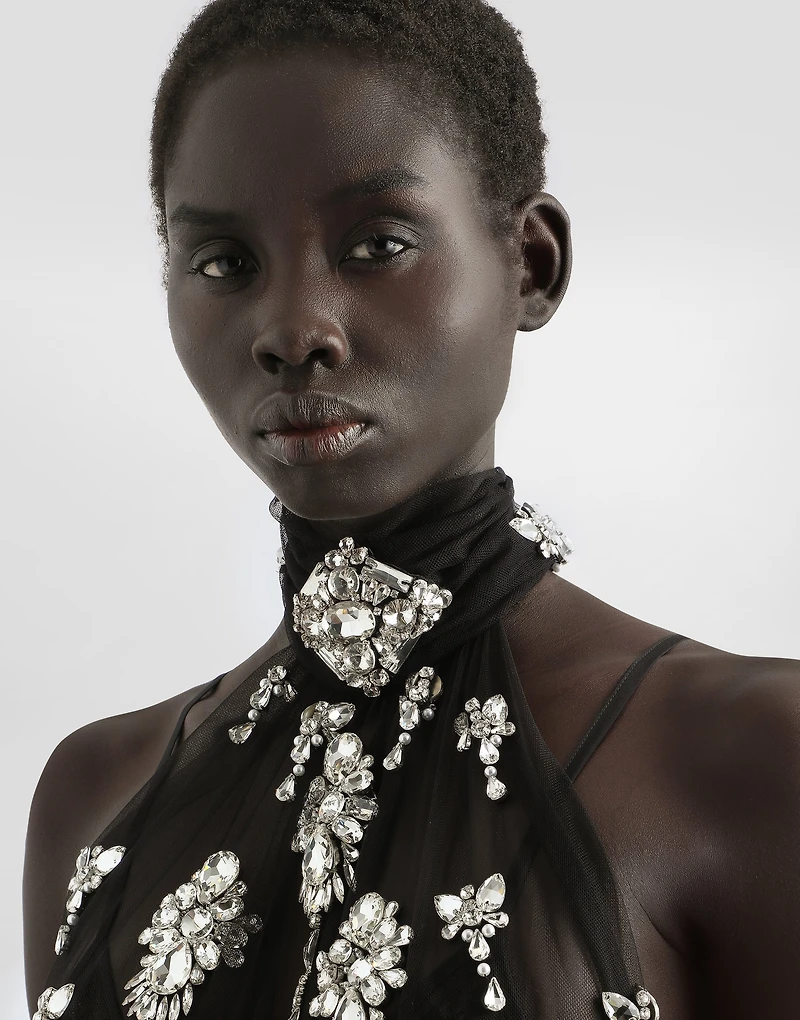 Long dress in tulle embroidered with rhinestones