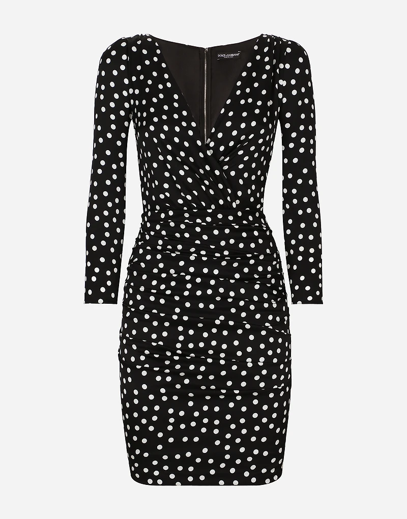Short charmeuse dress with draped detailing and micro polka-dot print