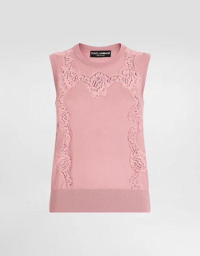 Wool tank top with lace inlay
