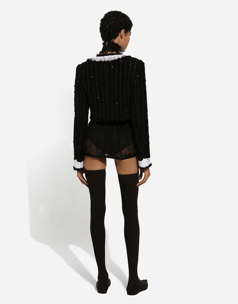 Short tweed jacket with micro-sequin embellishment