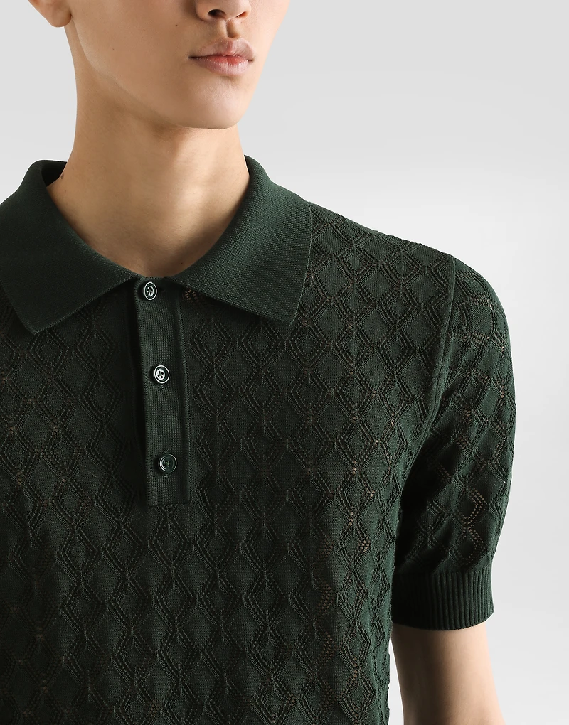 Short-sleeved cotton openwork polo-shirt