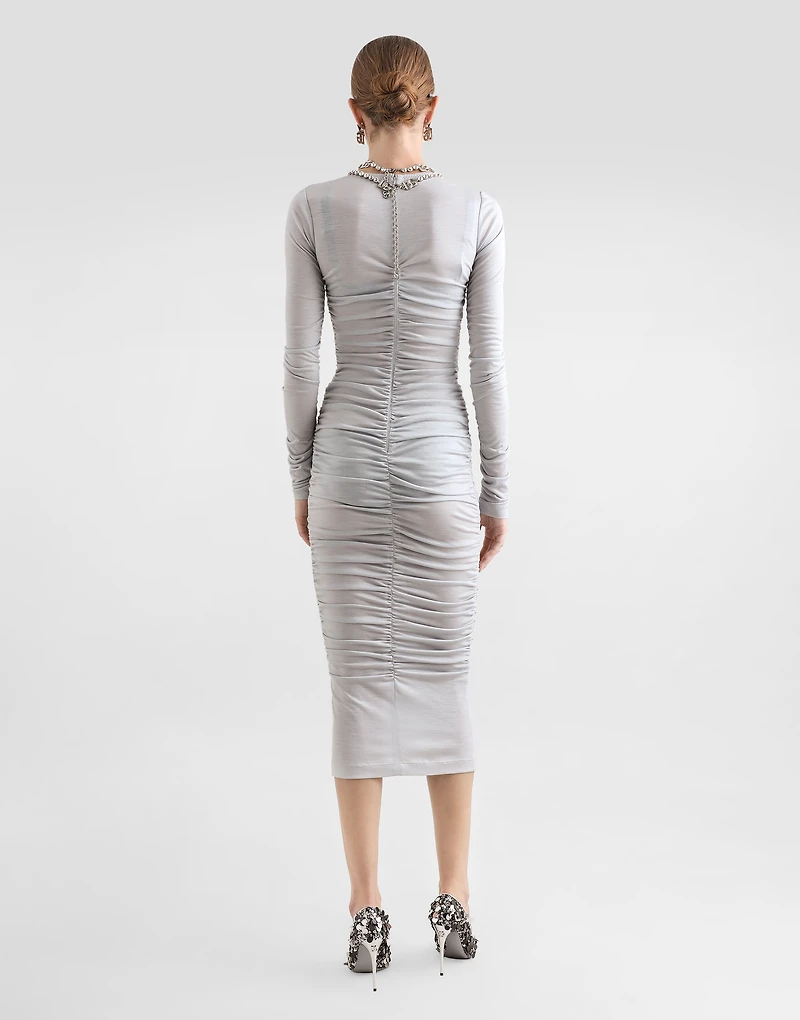 Draped wool jersey calf-length dress