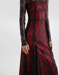 Lace calf-length dress with high neck and contrasting lining