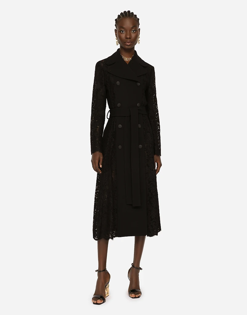 Belted double-breasted crepe and lace coat