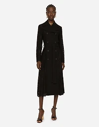 Belted double-breasted crepe and lace coat