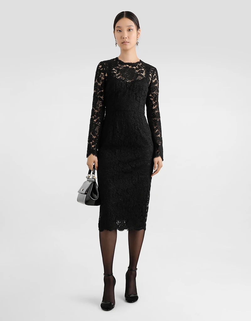 Long-sleeved calf-length dress branded stretch lace