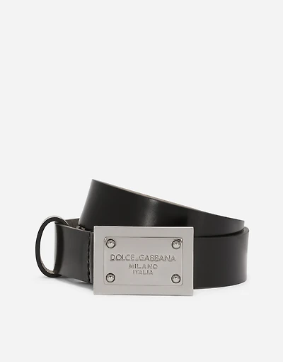 Calfskin belt with branded tag