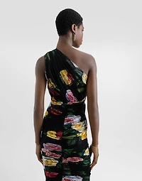 Tulle one-shoulder calf-length dress with peony and rose print