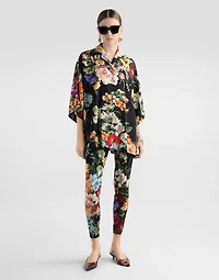 Flower bouquet-print charmeuse pants