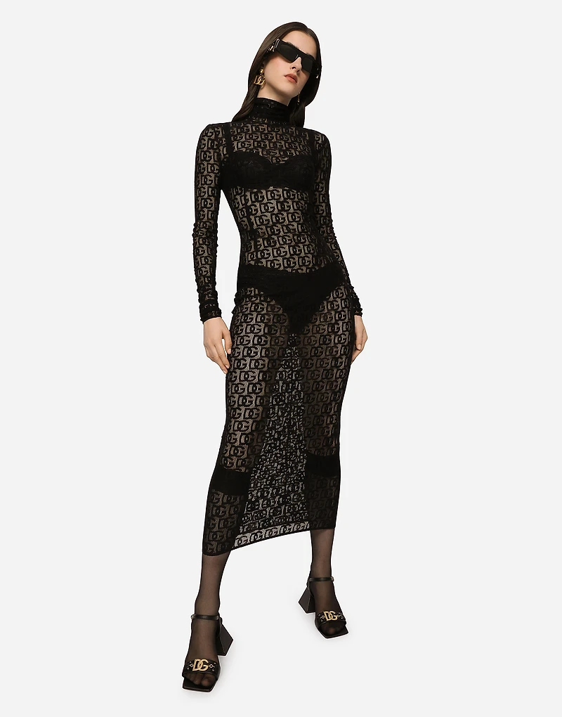 Tulle calf-length dress with all-over DG logo