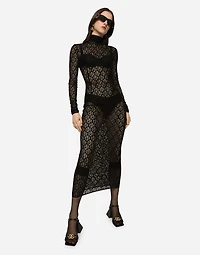 Tulle calf-length dress with all-over DG logo