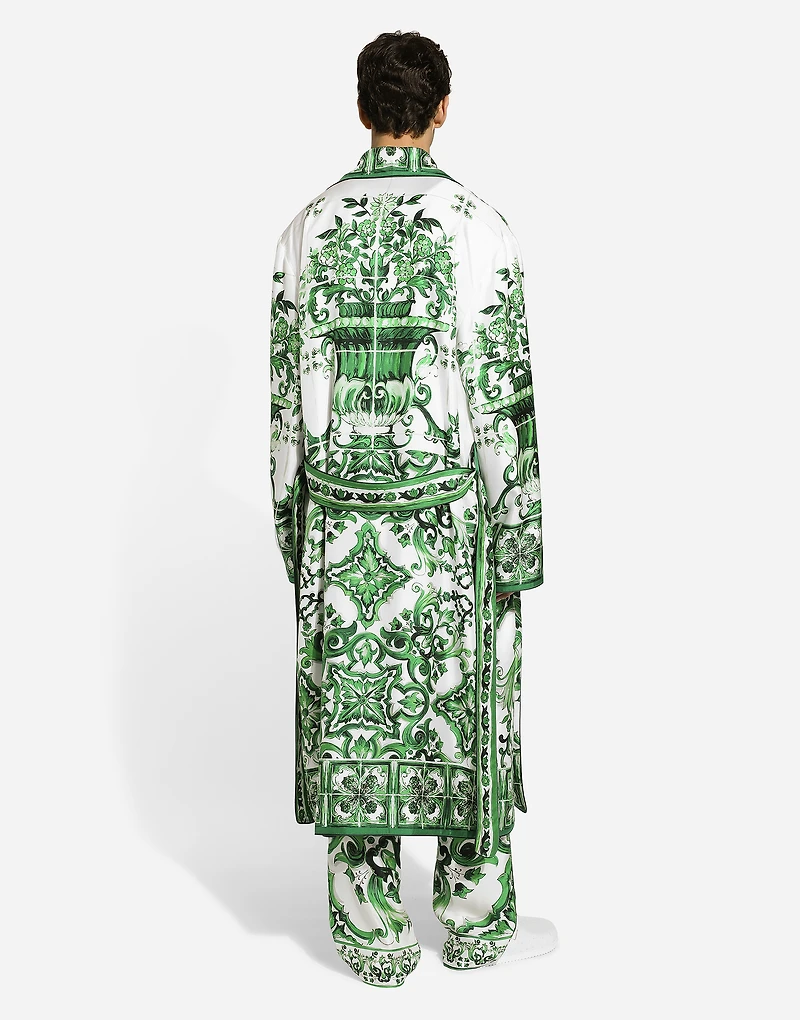 Silk twill robe with majolica print