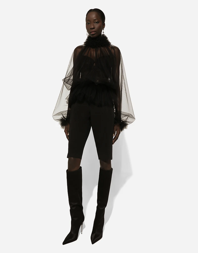 Tulle blouse with ruffles on the neck and cuffs