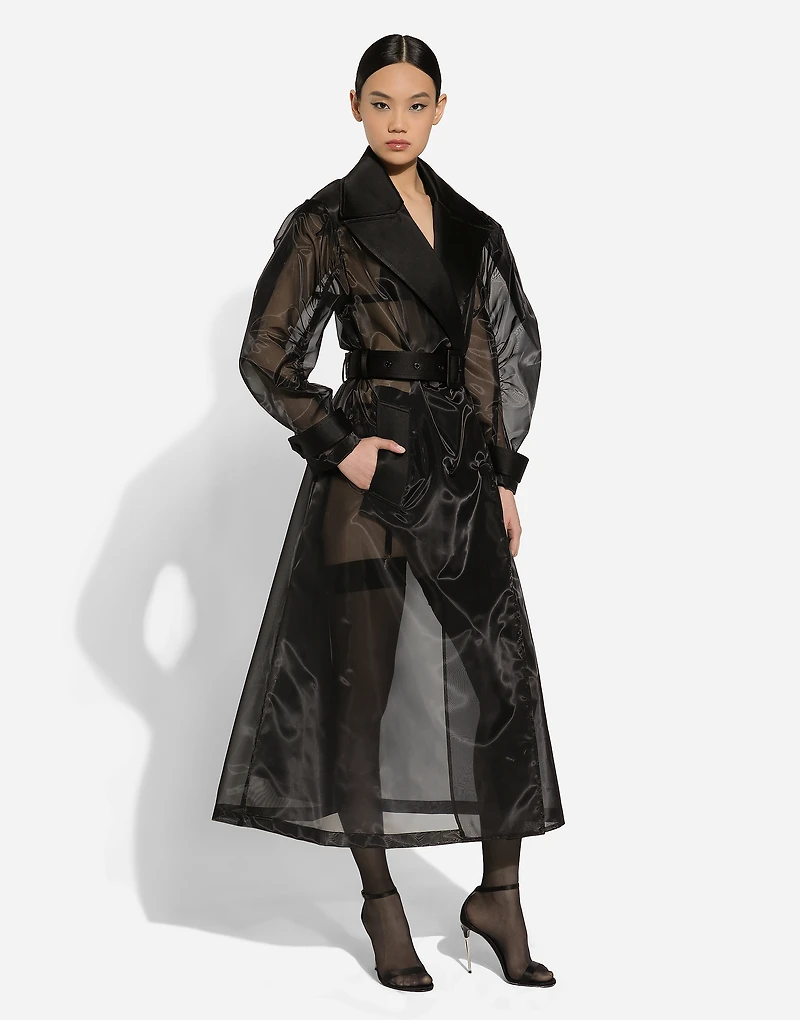 Technical organza trench coat with gathered sleeves