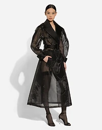 Technical organza trench coat with gathered sleeves