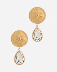 Earrings with logo coin and rhinestone pendants