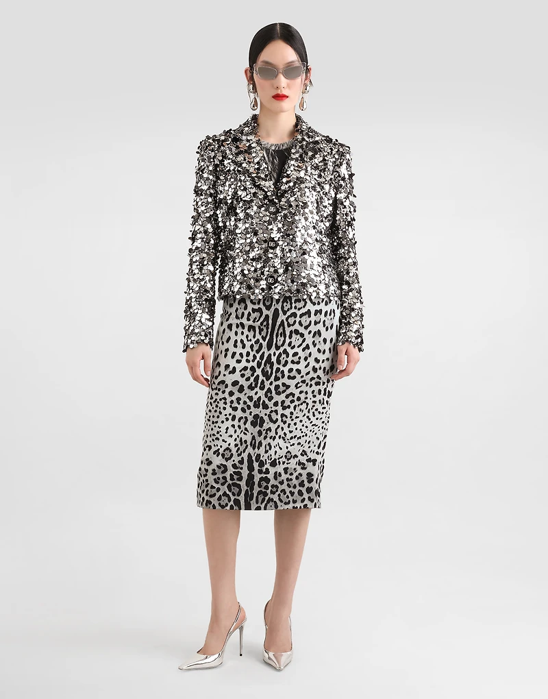 Charmeuse calf-length pencil skirt with leopard print