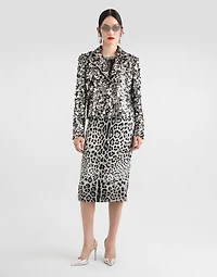 Charmeuse calf-length pencil skirt with leopard print
