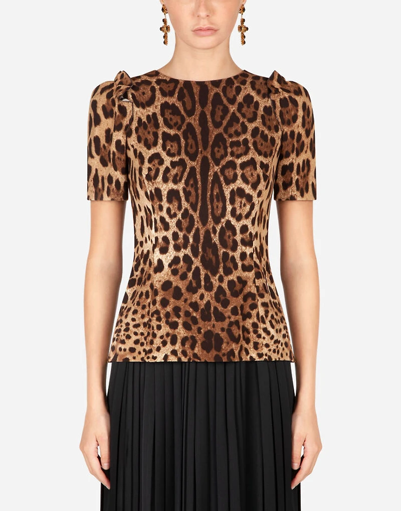 Short-sleeved leopard-print cady top