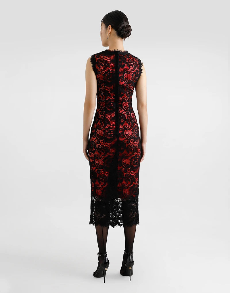 Calf-length floral lace sheath dress with contrasting lining