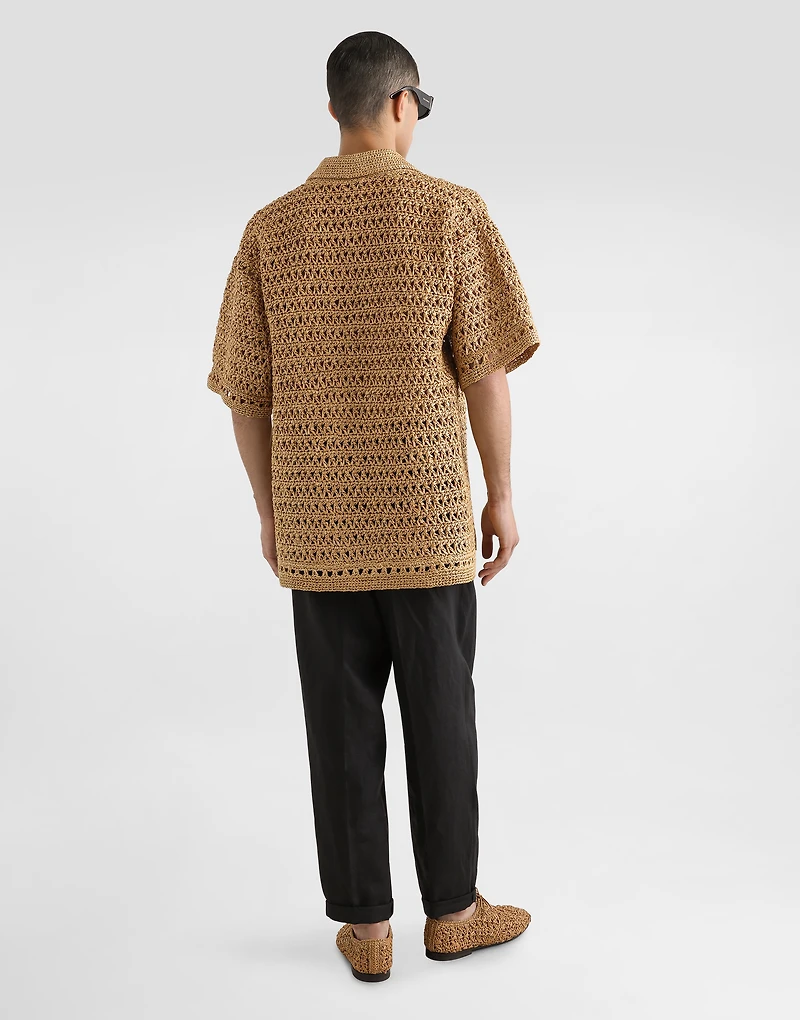 Short-sleeved viscose crochet polo-shirt