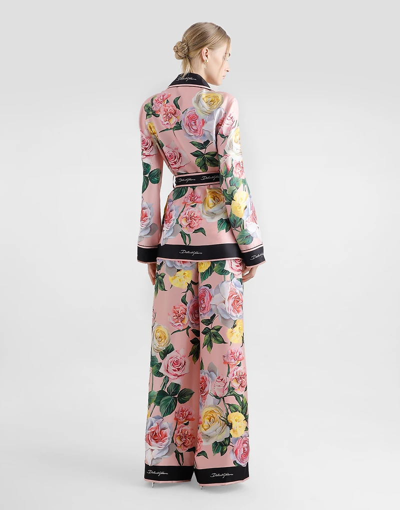 Silk pajama pants with rose and peony print