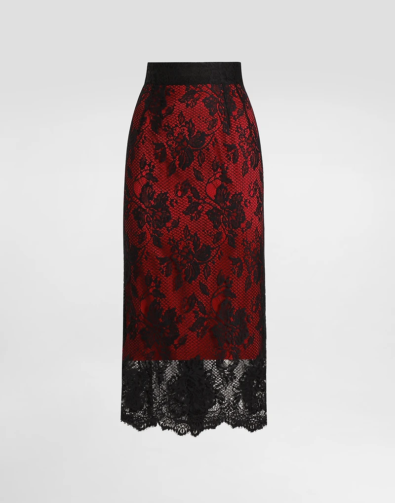 Lace calf-length pencil skirt with contrasting lining