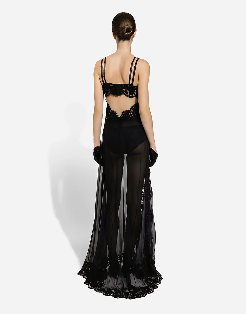 Long silk chiffon and Chantilly lace slip dress
