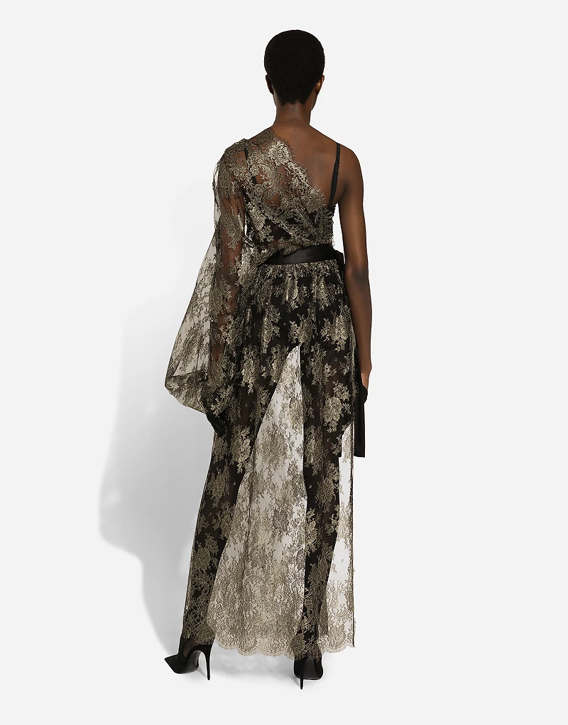 Calf-length one-shoulder lamé Chantilly lace dress