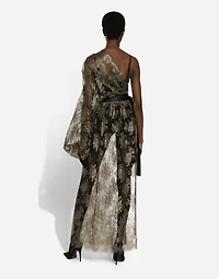 Calf-length one-shoulder lamé Chantilly lace dress