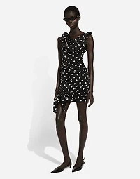 Charmeuse midi dress with draping and polka-dot print