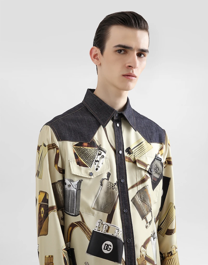 Silk and denim shirt with lighter print