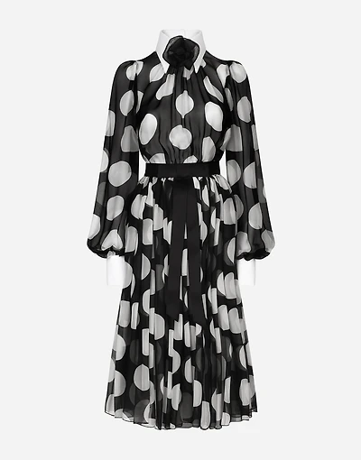 Polka-dot chiffon calf-length dress with piqué details