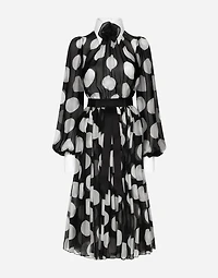 Polka-dot chiffon calf-length dress with piqué details