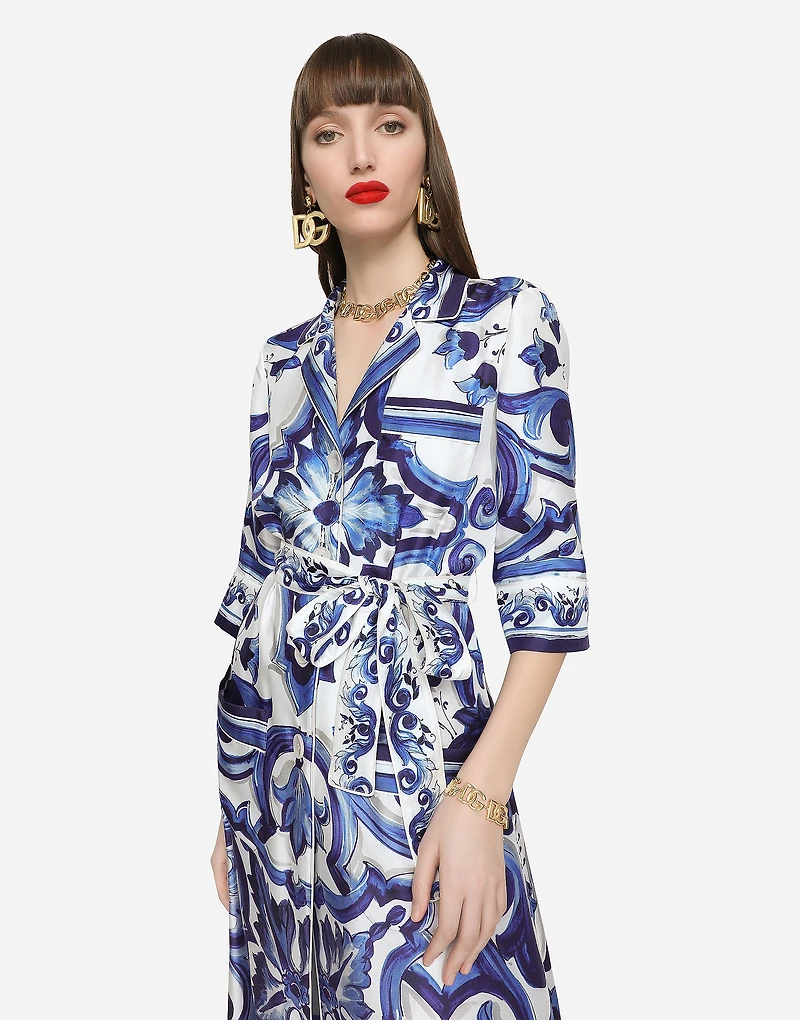Long majolica-print twill shirt dress