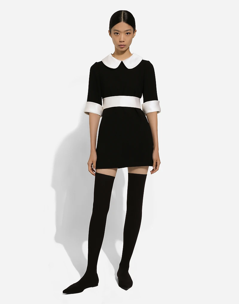 Short wool crepe dress with satin details