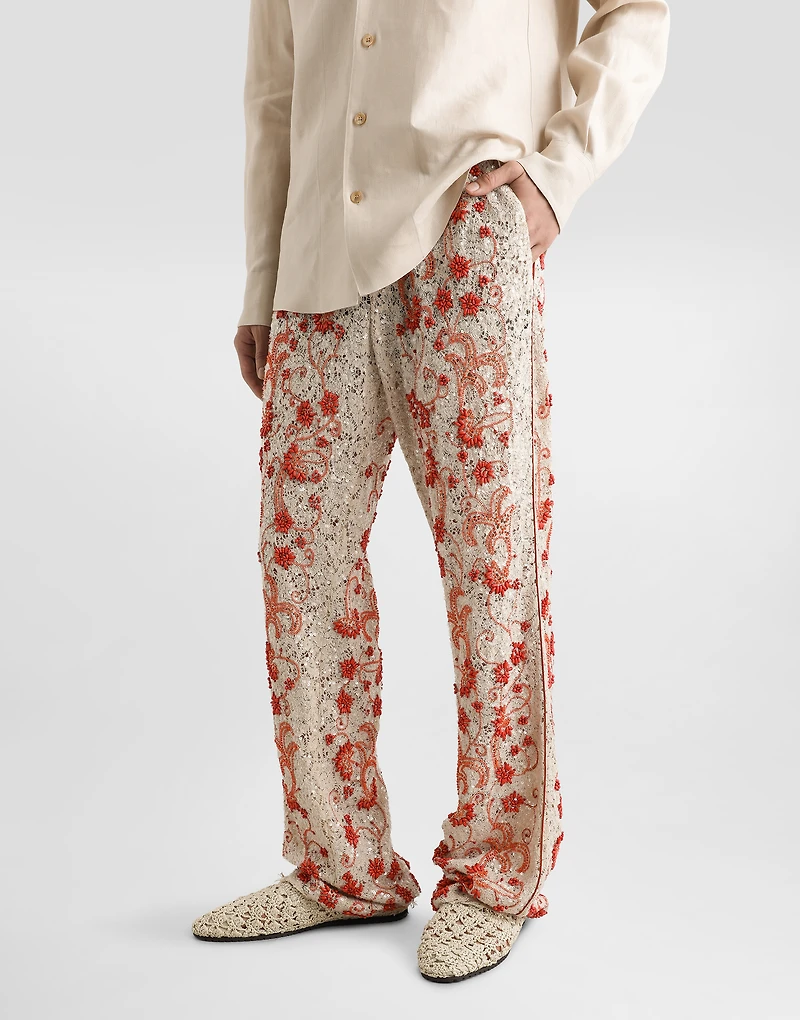 Lace pants with coral and rhinestone embroidery