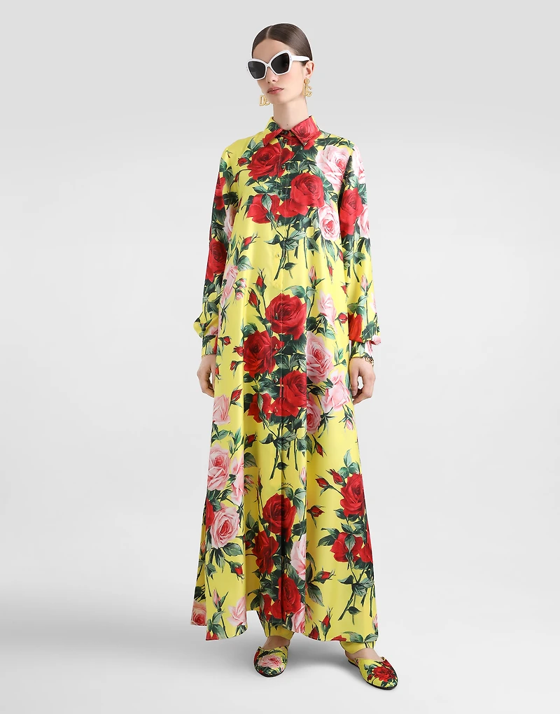 Silk twill pants with bouquet print