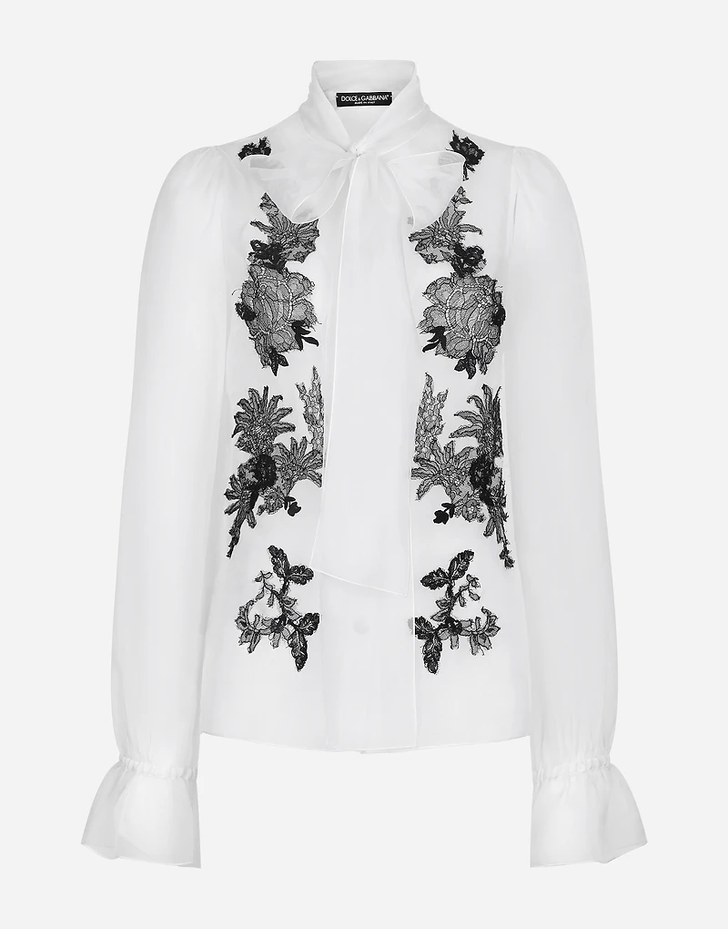 Organza pussy-bow shirt with lace appliqués