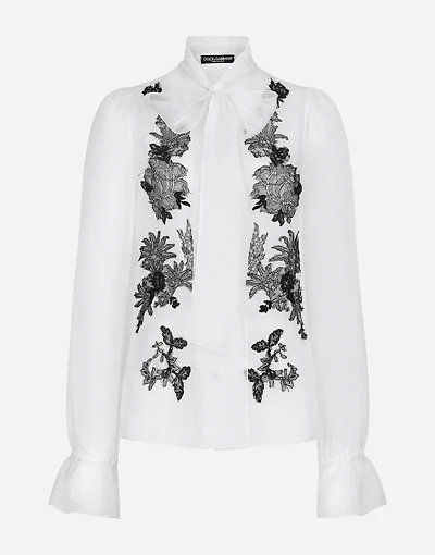 Organza pussy-bow shirt with lace appliqués
