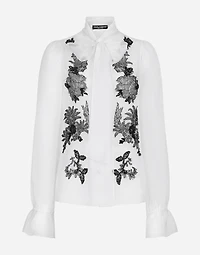 Organza pussy-bow shirt with lace appliqués