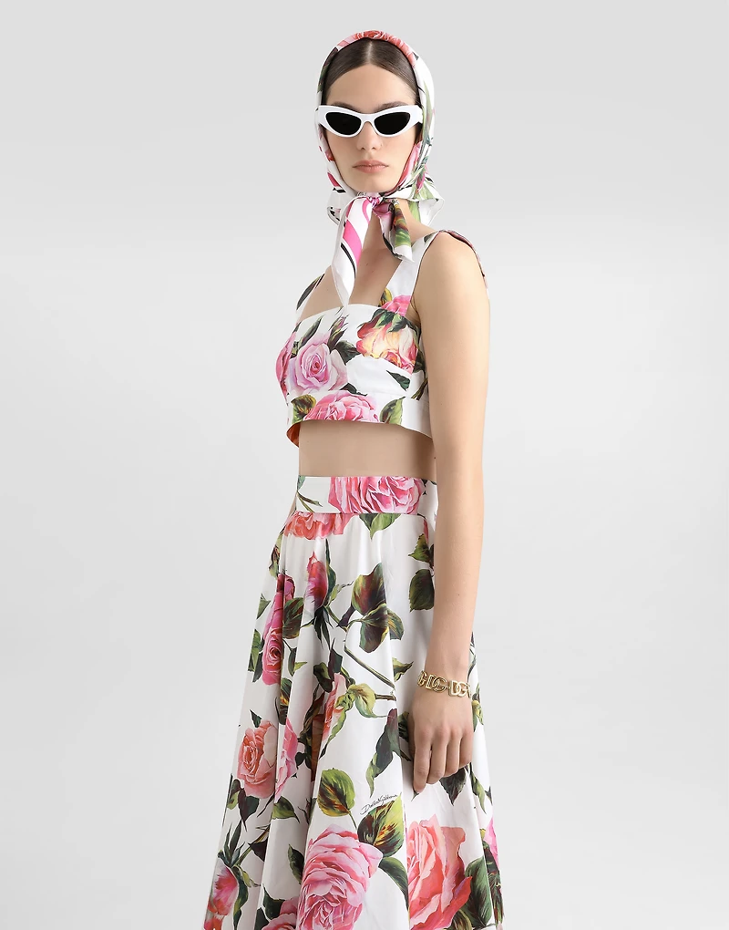 Rose-print cotton circle skirt