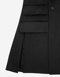 Double-breasted woolen jacket with flower appliqué