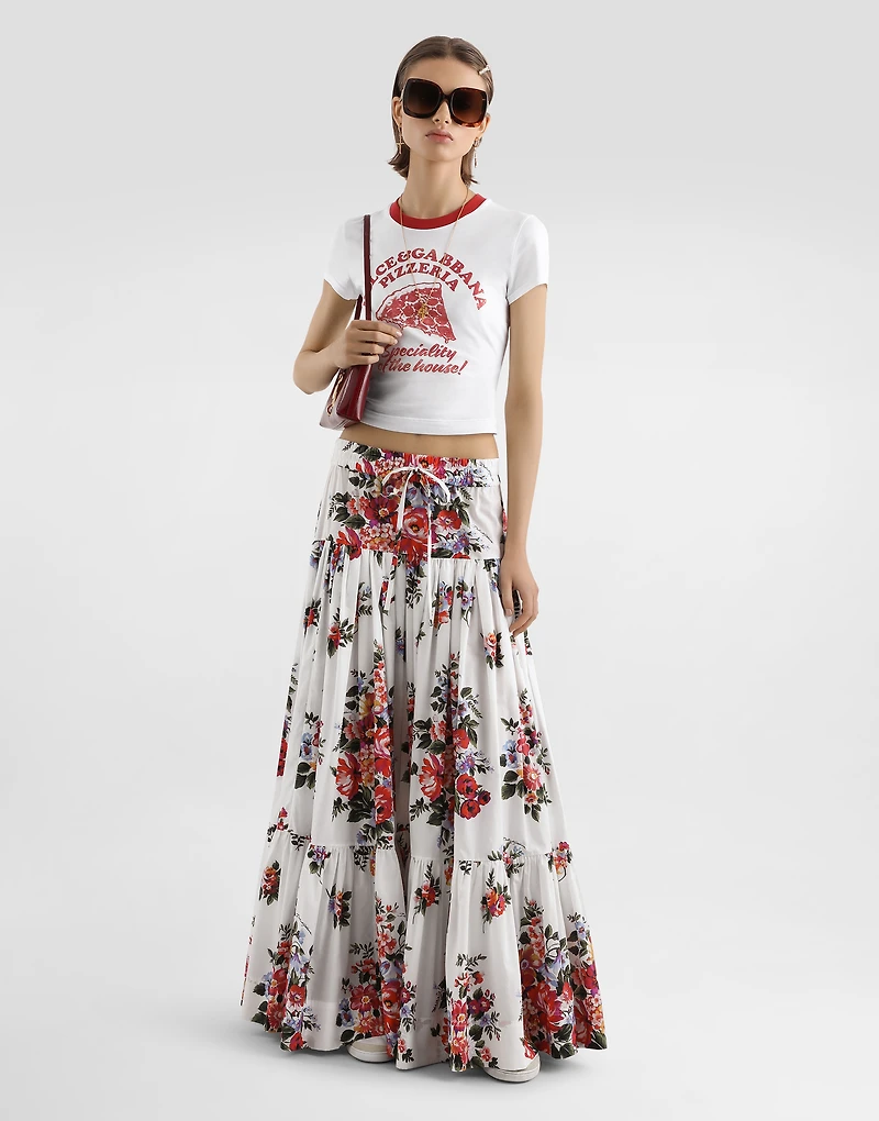 Flower bouquet-print poplin long skirt