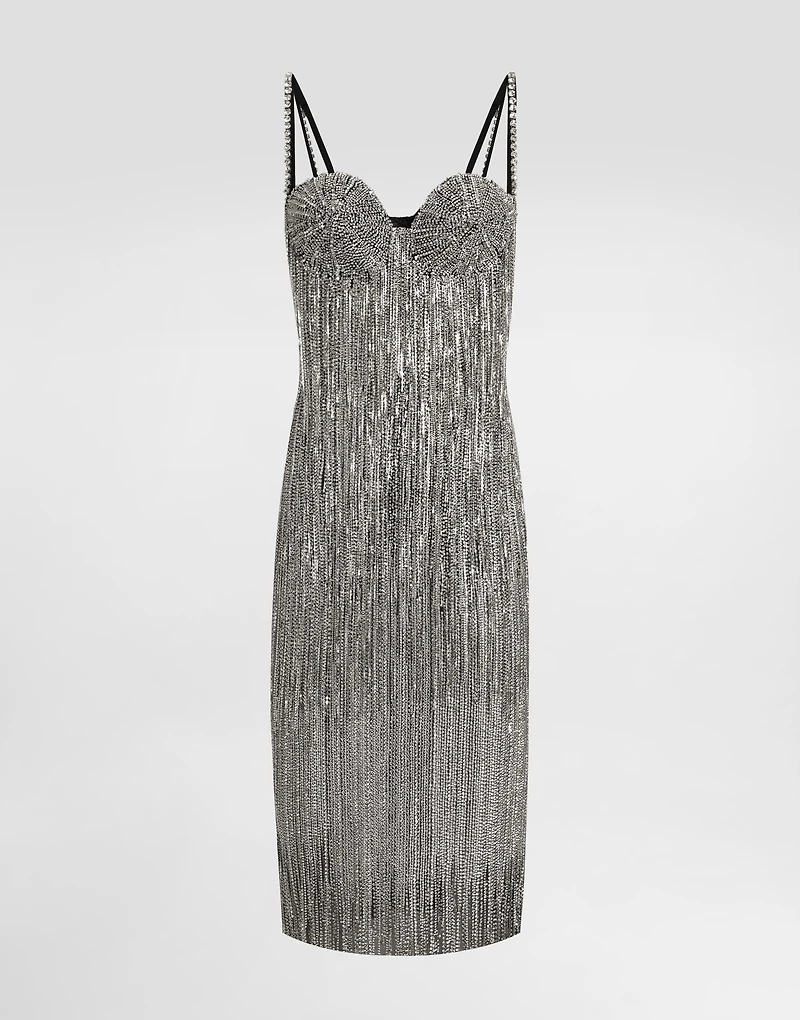 Marquisette calf-length dress with sequined fringing