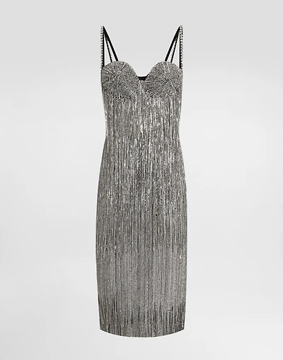 Marquisette calf-length dress with sequined fringing
