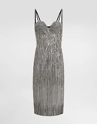 Marquisette calf-length dress with sequined fringing