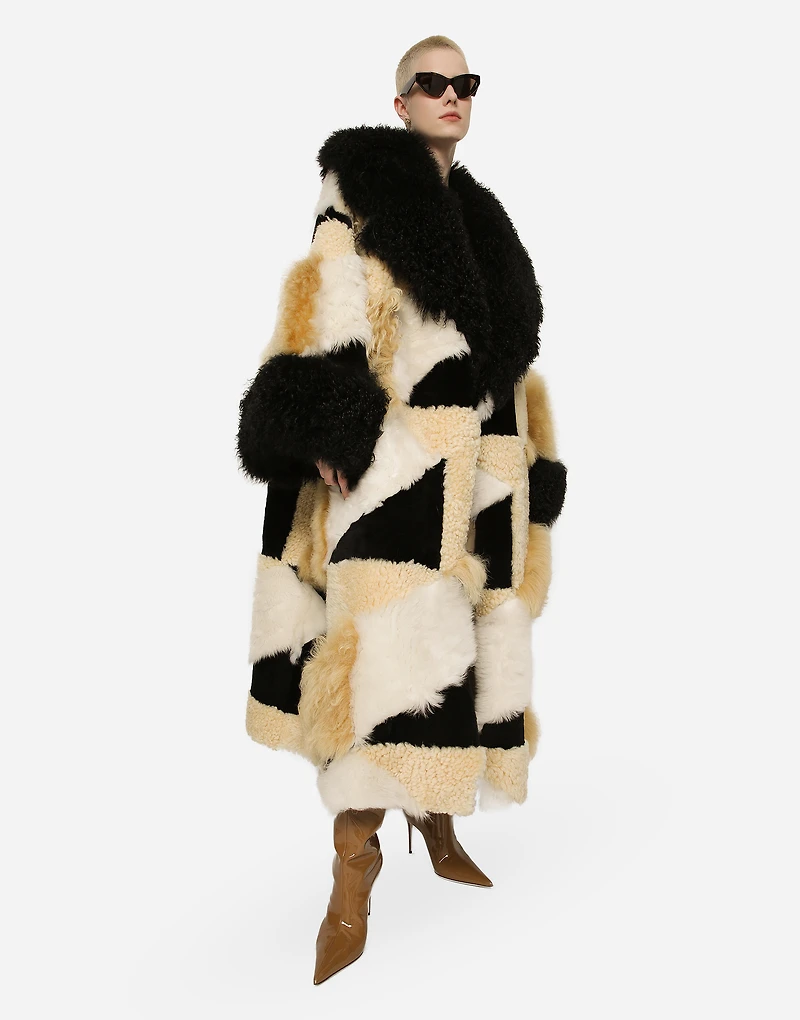 Long patchwork sheepskin coat