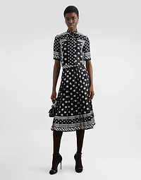 Pleated silk twill calf-length skirt with all-over DG logo scarf print