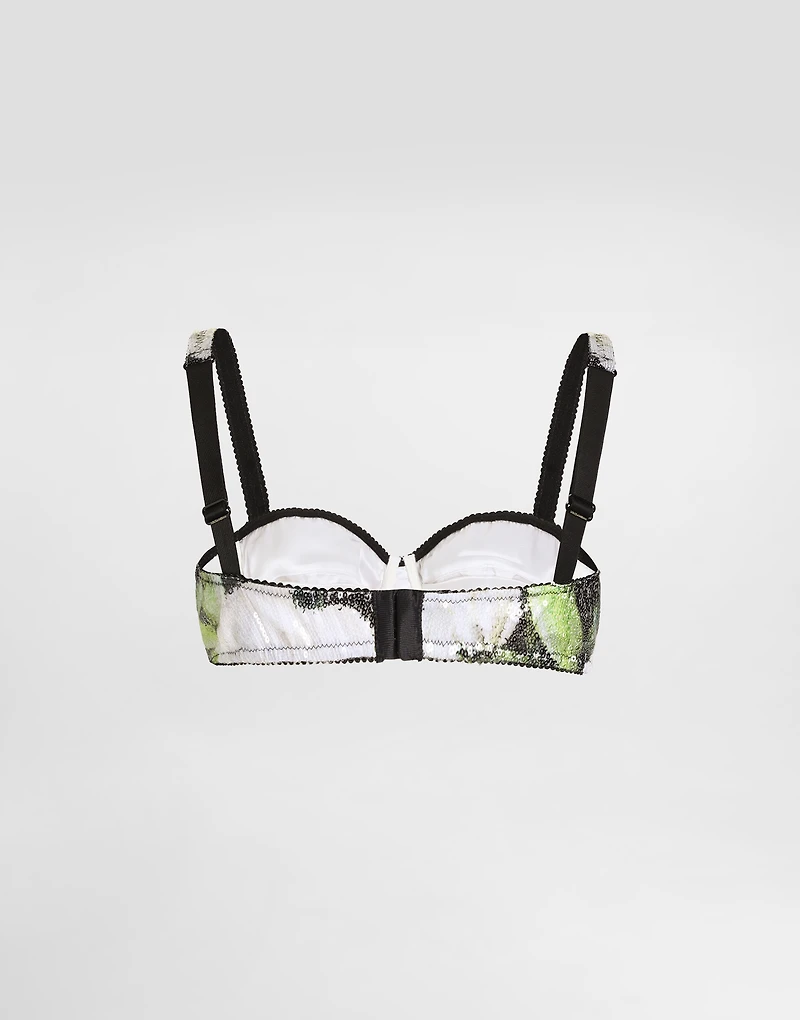 Sequin-embroidered satin balconette bra with gardenia print